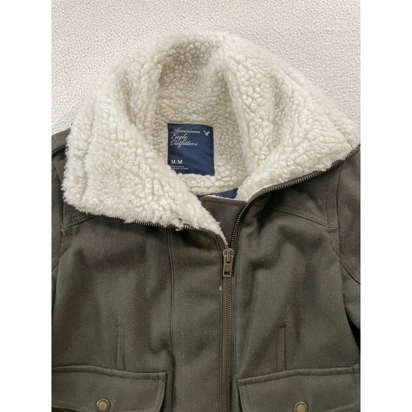 American Eagle Womens Medium Bomber Jacket Olive Green Wool Blend Sherpa Quilted - Picture 8 of 16